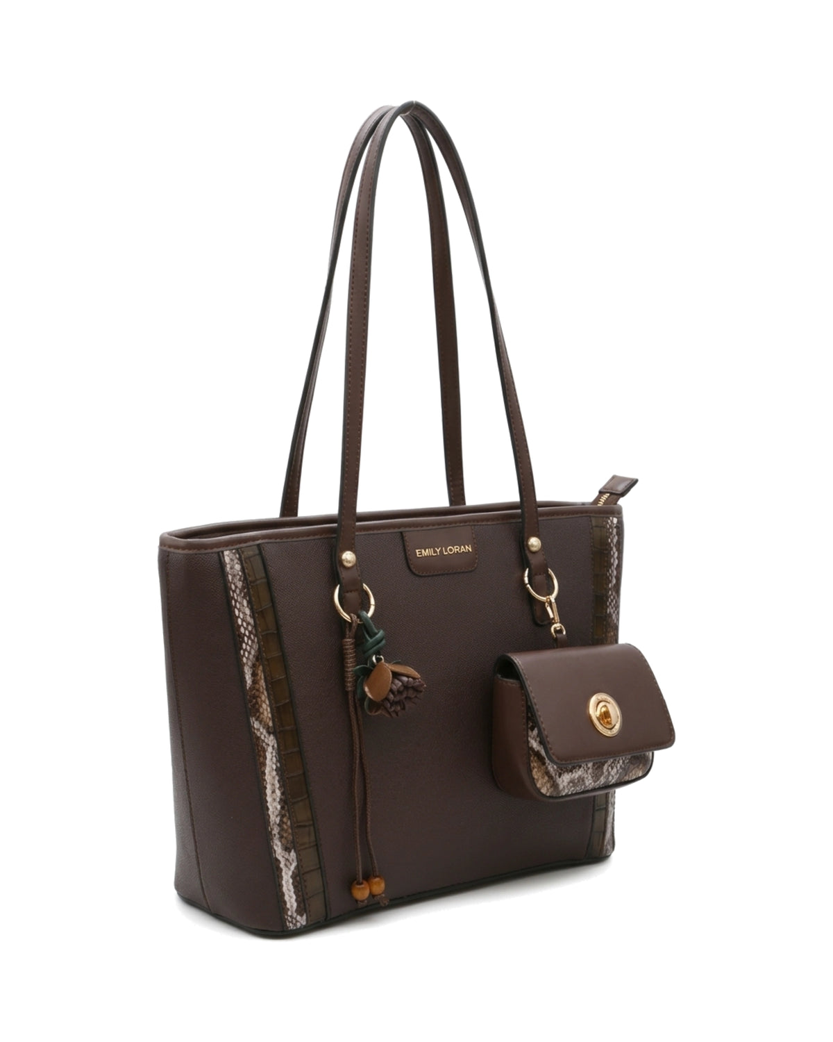Delphine Pouch-Detail Tote Bag — Dark Brown — Front three-quarter