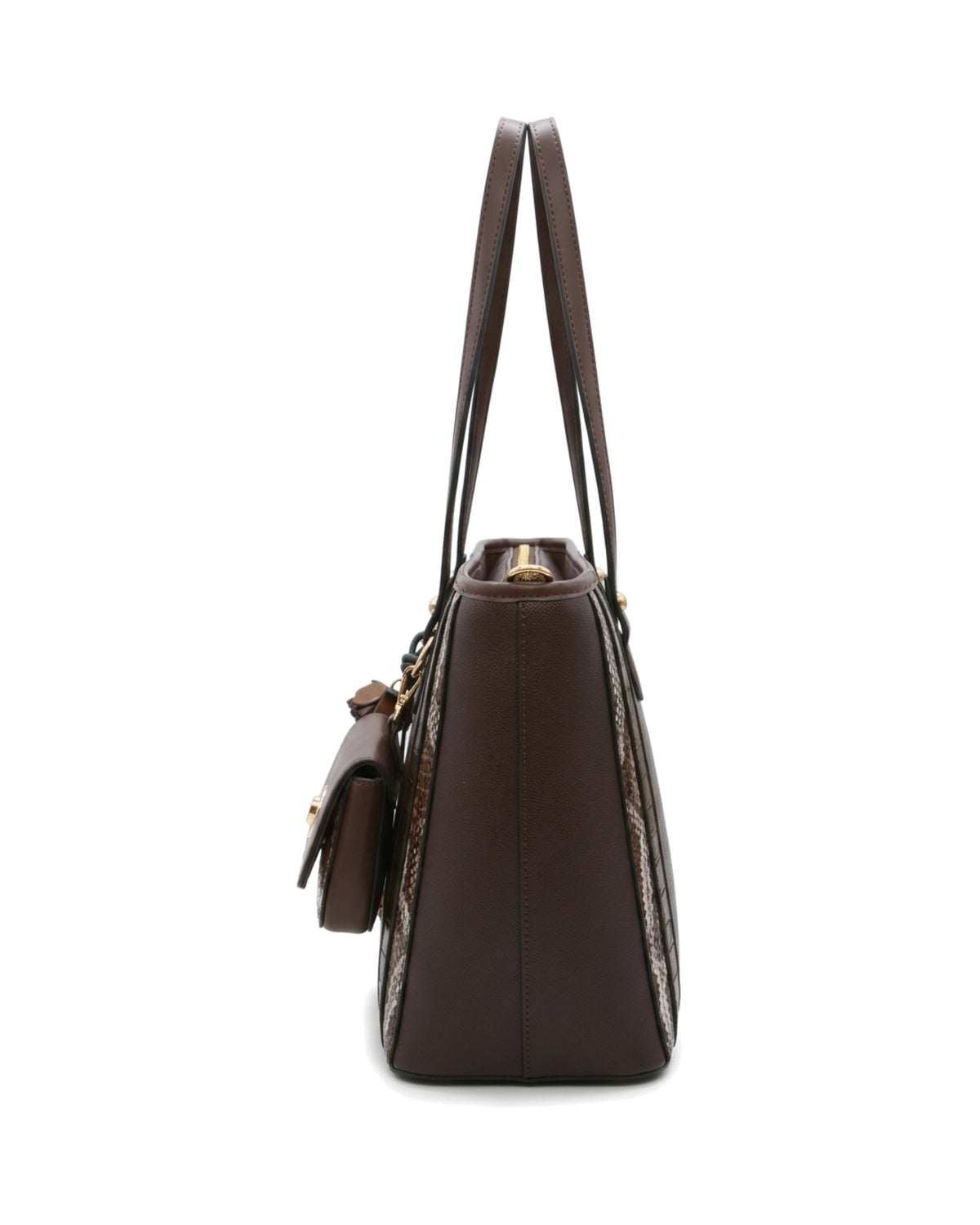 Delphine Pouch-Detail Tote Bag — Dark Brown — Side profile