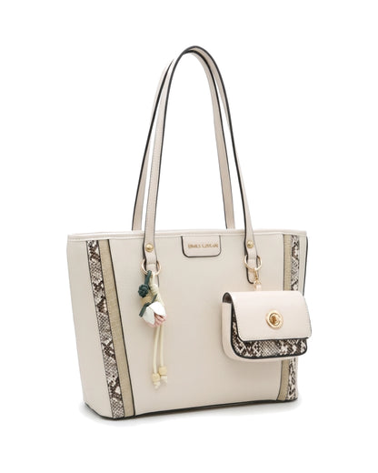 Delphine Pouch-Detail Tote Bag — Cream — Front three-quarter