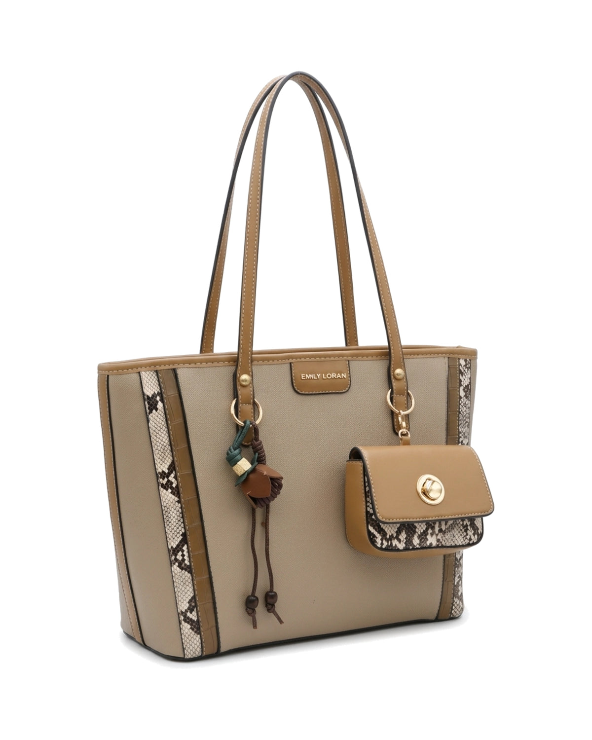 Delphine Pouch-Detail Tote Bag — Tan — Front three-quarter