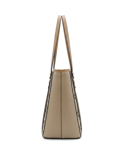 Delphine Pouch-Detail Tote Bag — Tan — Side profile