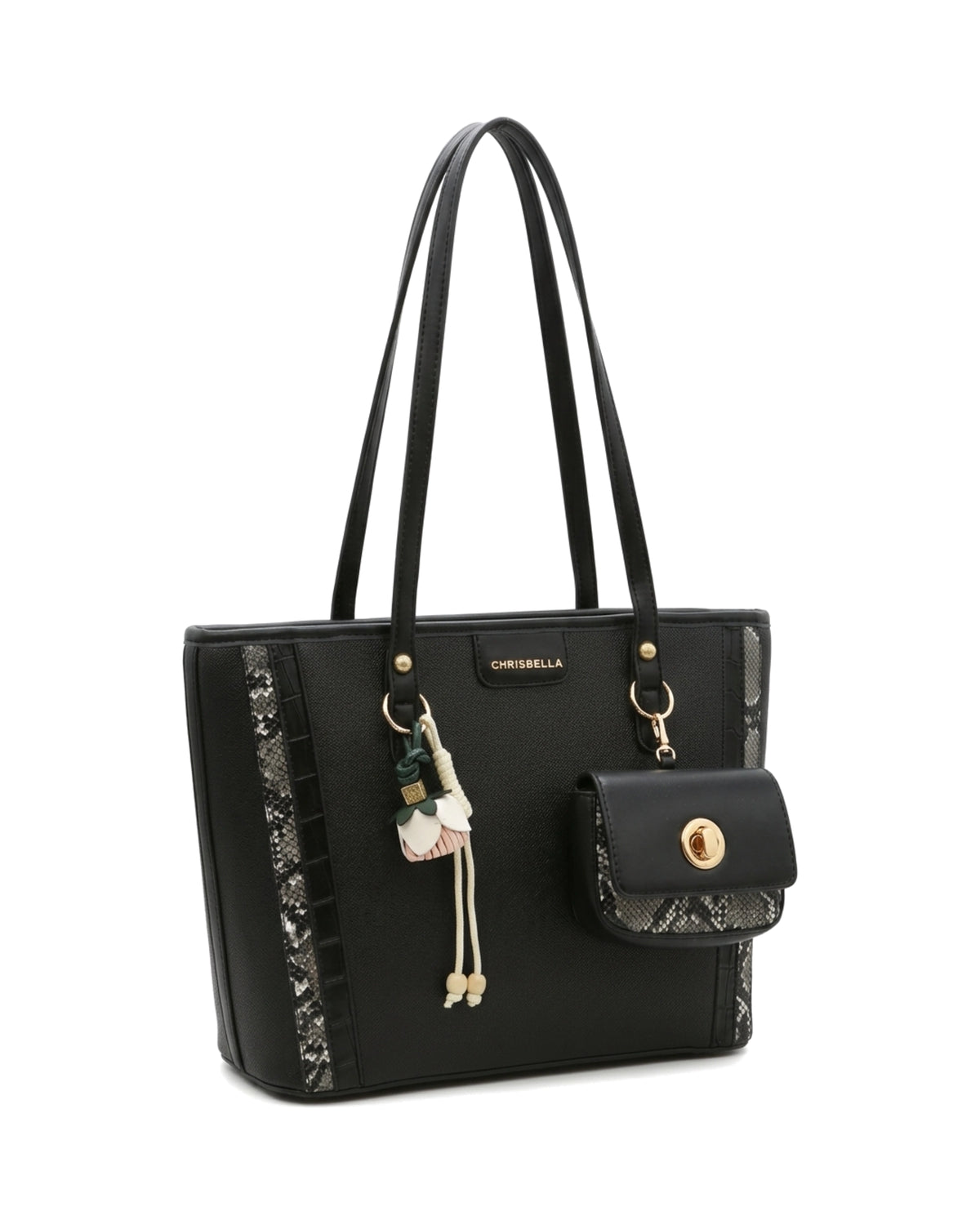 Delphine Pouch-Detail Tote Bag — Black — Front three-quarter