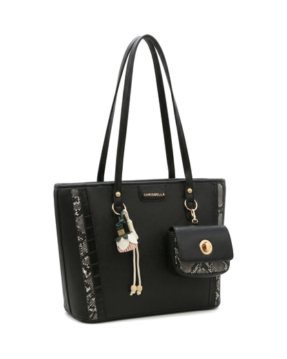 Delphine Pouch-Detail Tote Bag — Black — Front three-quarter