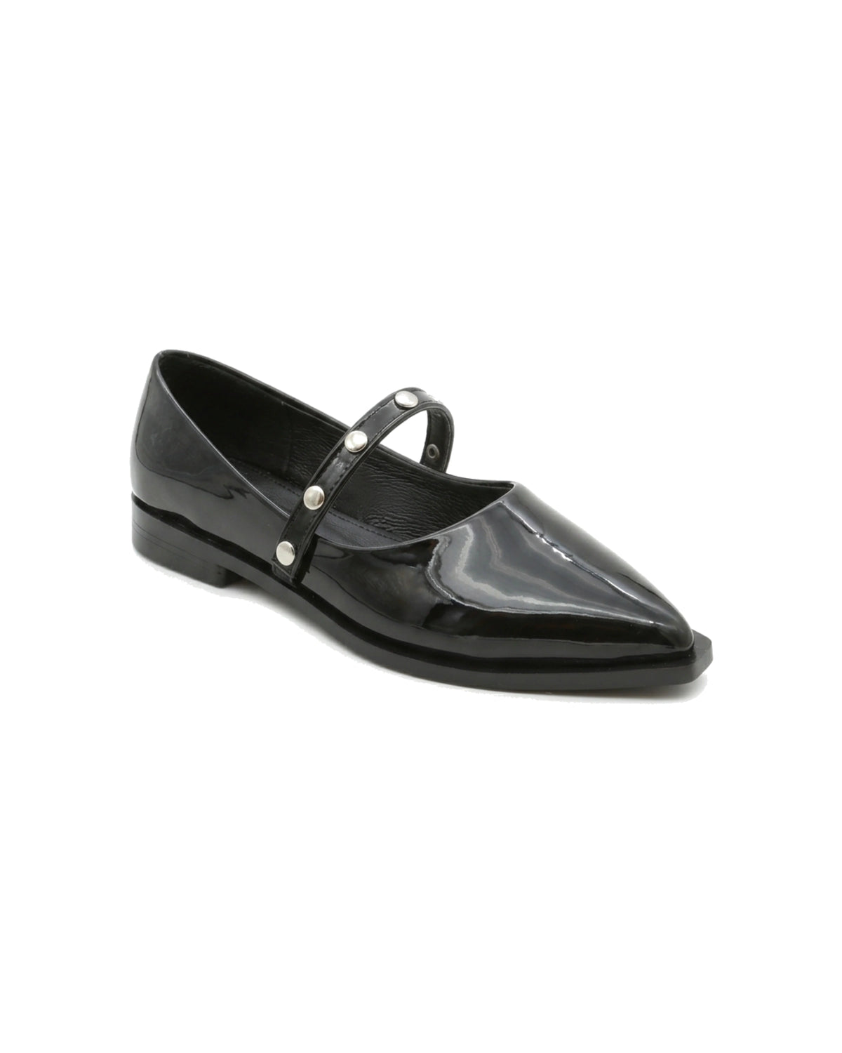 TKN Elara black glossy pointed-toe Mary Jane flat with a silver-tone studded strap — front three-quarter view.