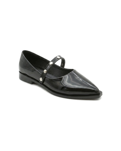 TKN Elara black glossy pointed-toe Mary Jane flat with a silver-tone studded strap — front three-quarter view.