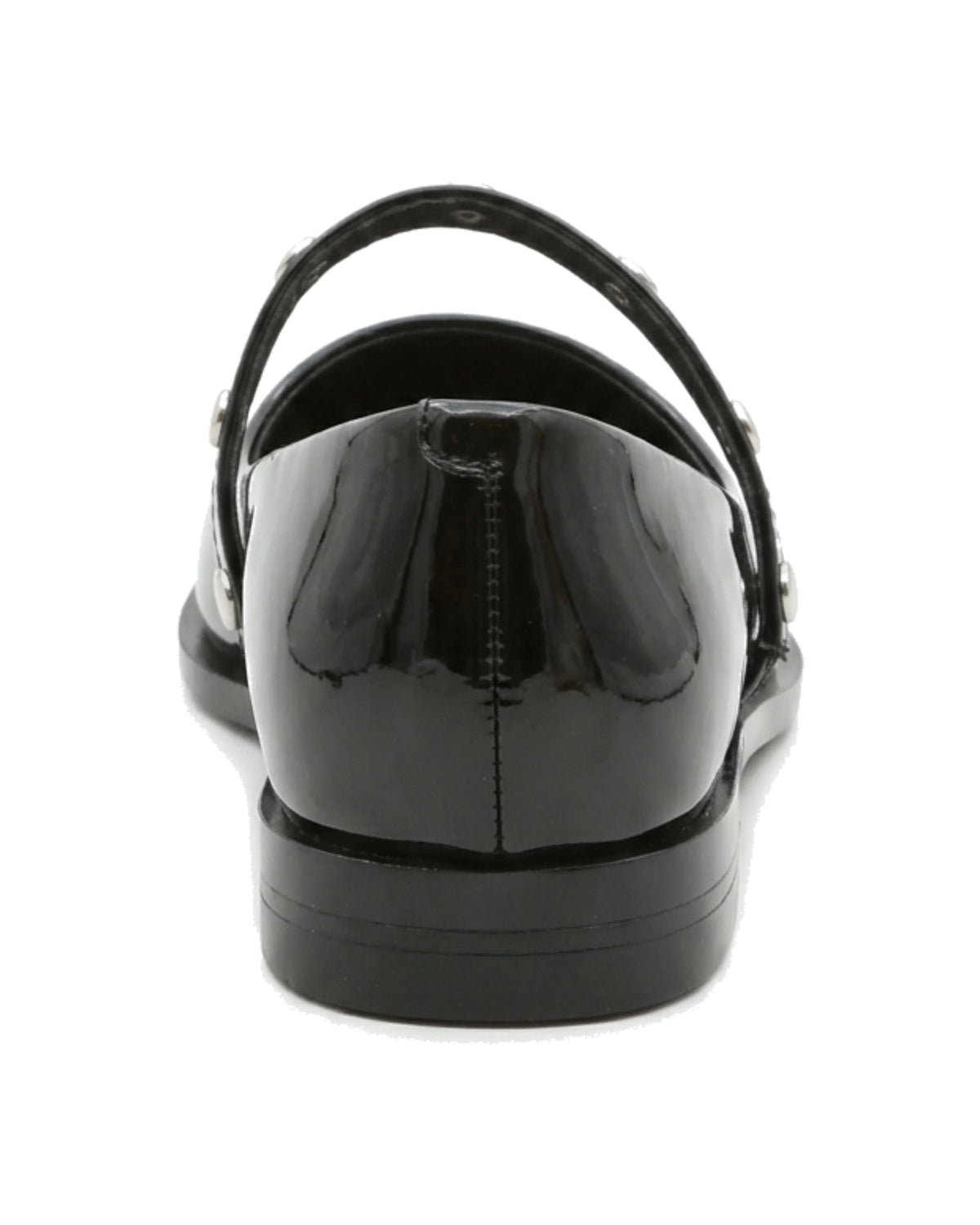 TKN Elara black glossy pointed-toe Mary Jane flat with a silver-tone studded strap — back view showing the low heel.