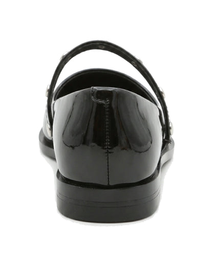 TKN Elara black glossy pointed-toe Mary Jane flat with a silver-tone studded strap — back view showing the low heel.