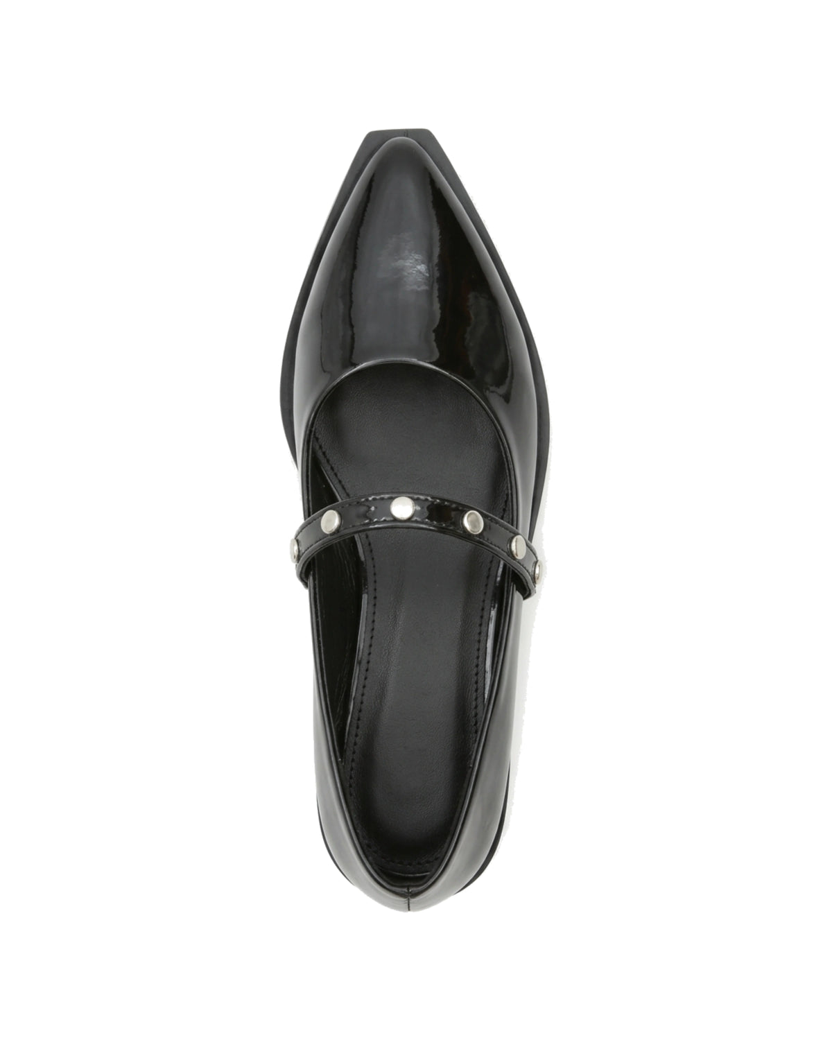 TKN Elara black glossy pointed-toe Mary Jane flat with a silver-tone studded strap — top view.