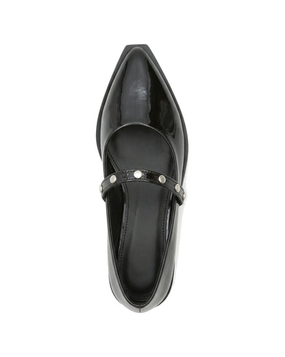 TKN Elara black glossy pointed-toe Mary Jane flat with a silver-tone studded strap — top view.