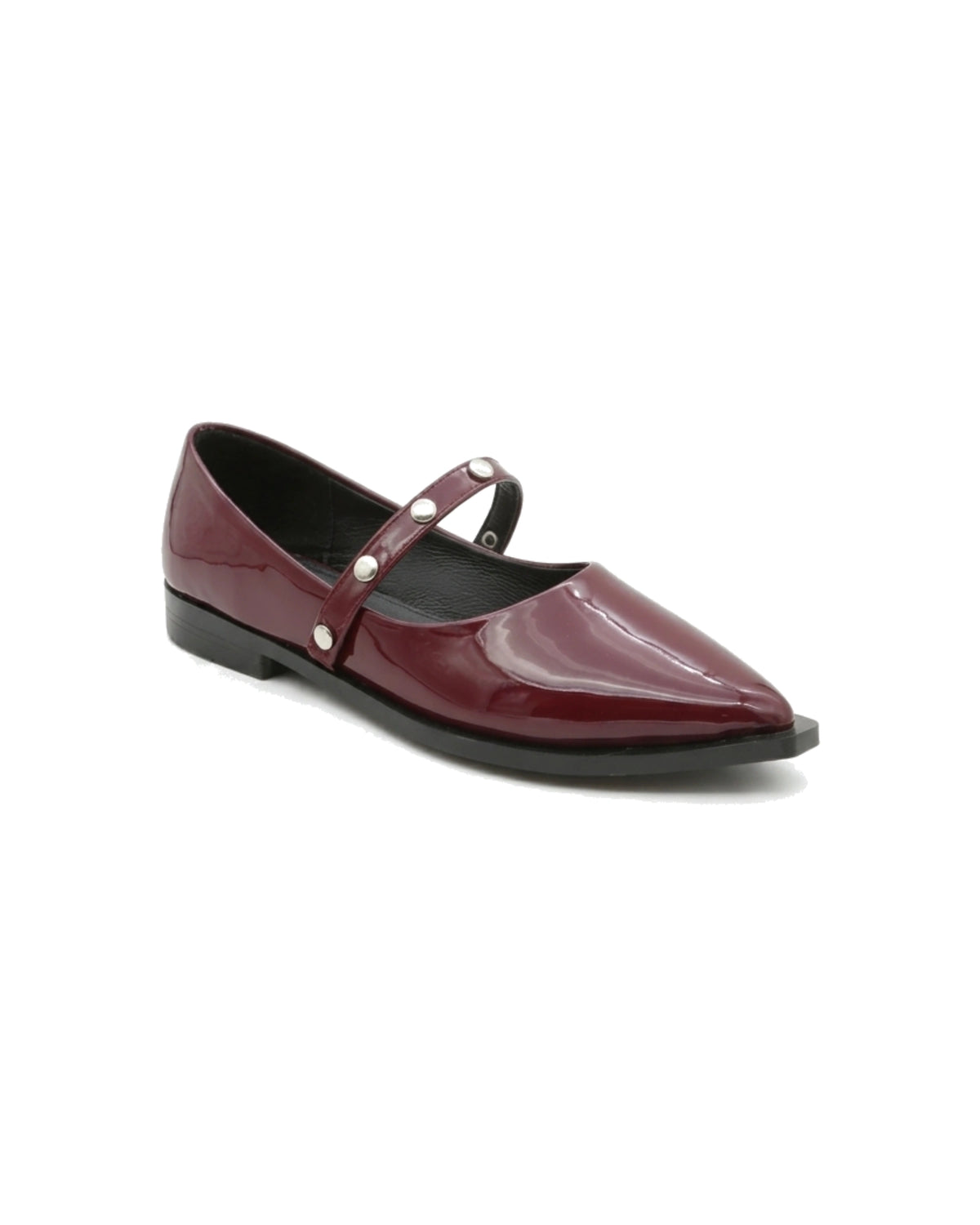 TKN Elara burgundy glossy pointed-toe Mary Jane flat with a silver-tone studded strap — front three-quarter view.