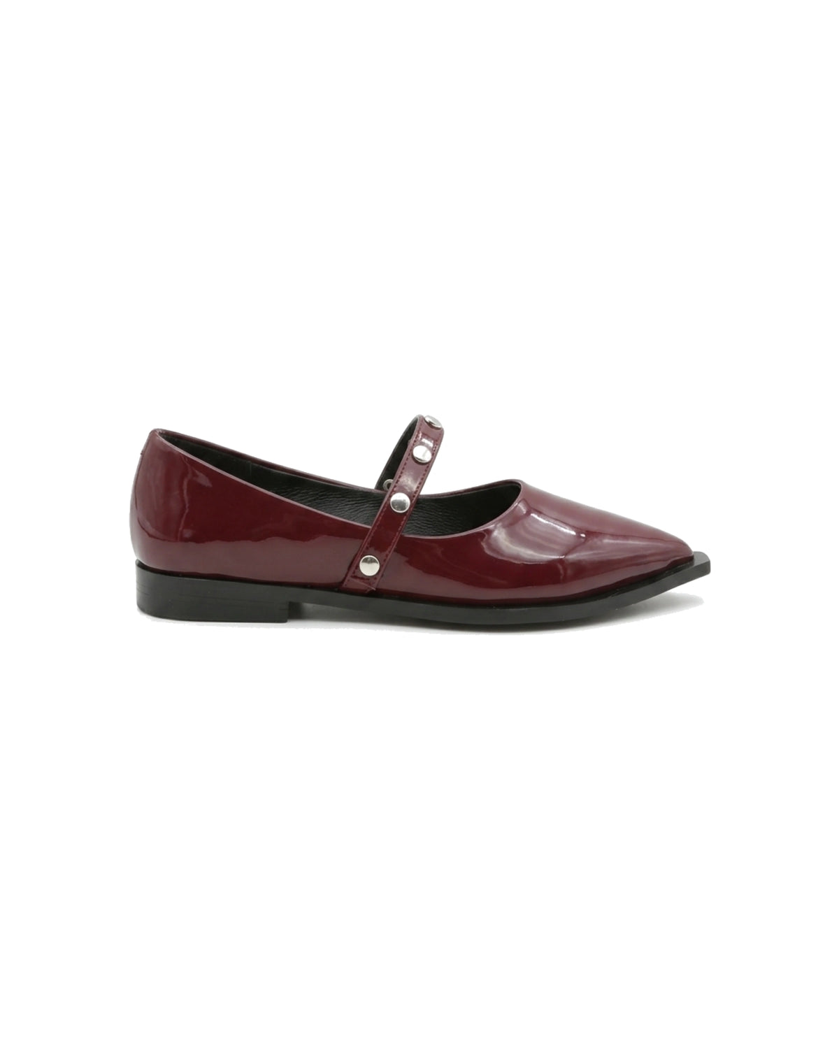 TKN Elara burgundy glossy pointed-toe Mary Jane flat with a silver-tone studded strap — side view.