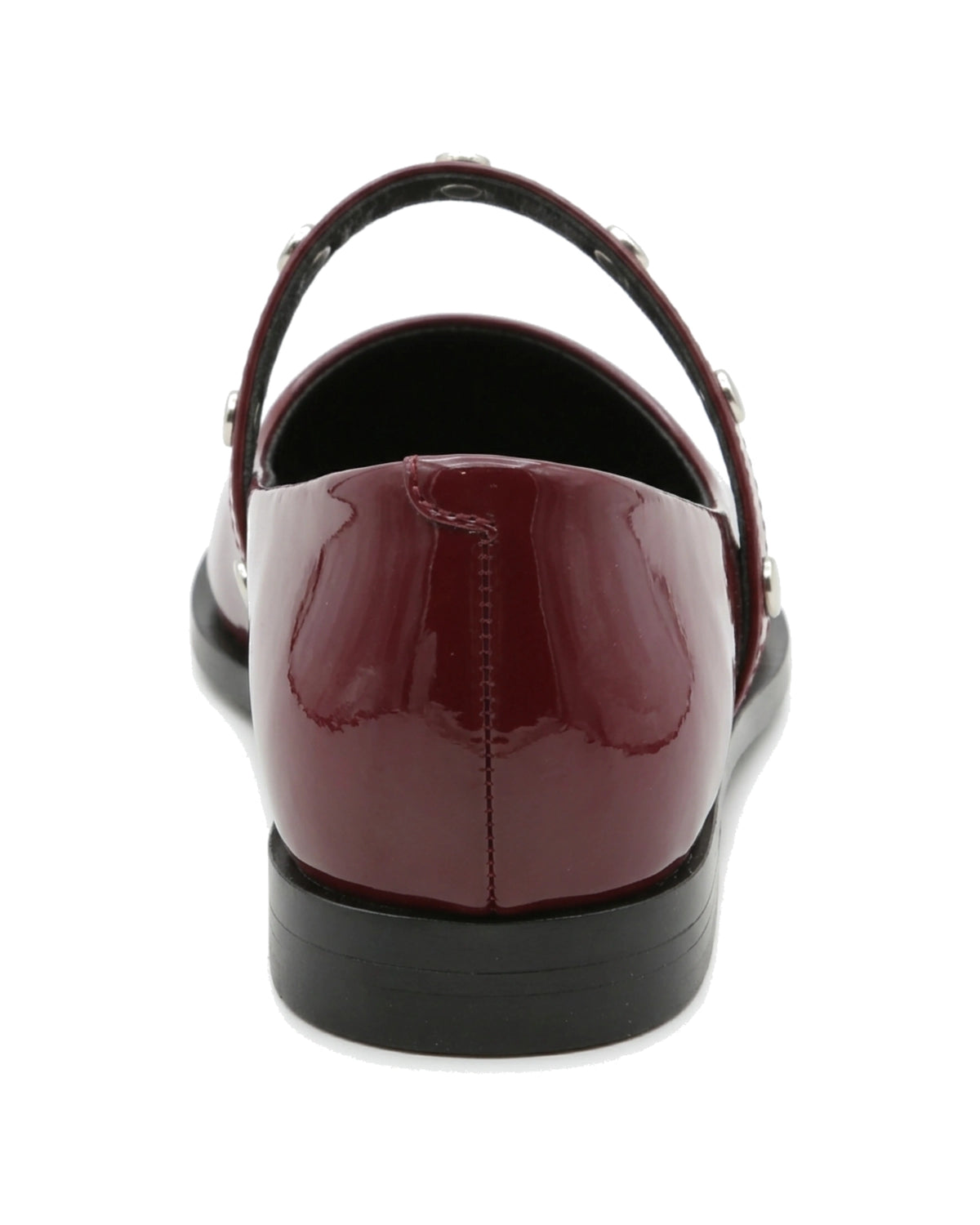 TKN Elara burgundy glossy pointed-toe Mary Jane flat with a silver-tone studded strap — back view showing the low heel.