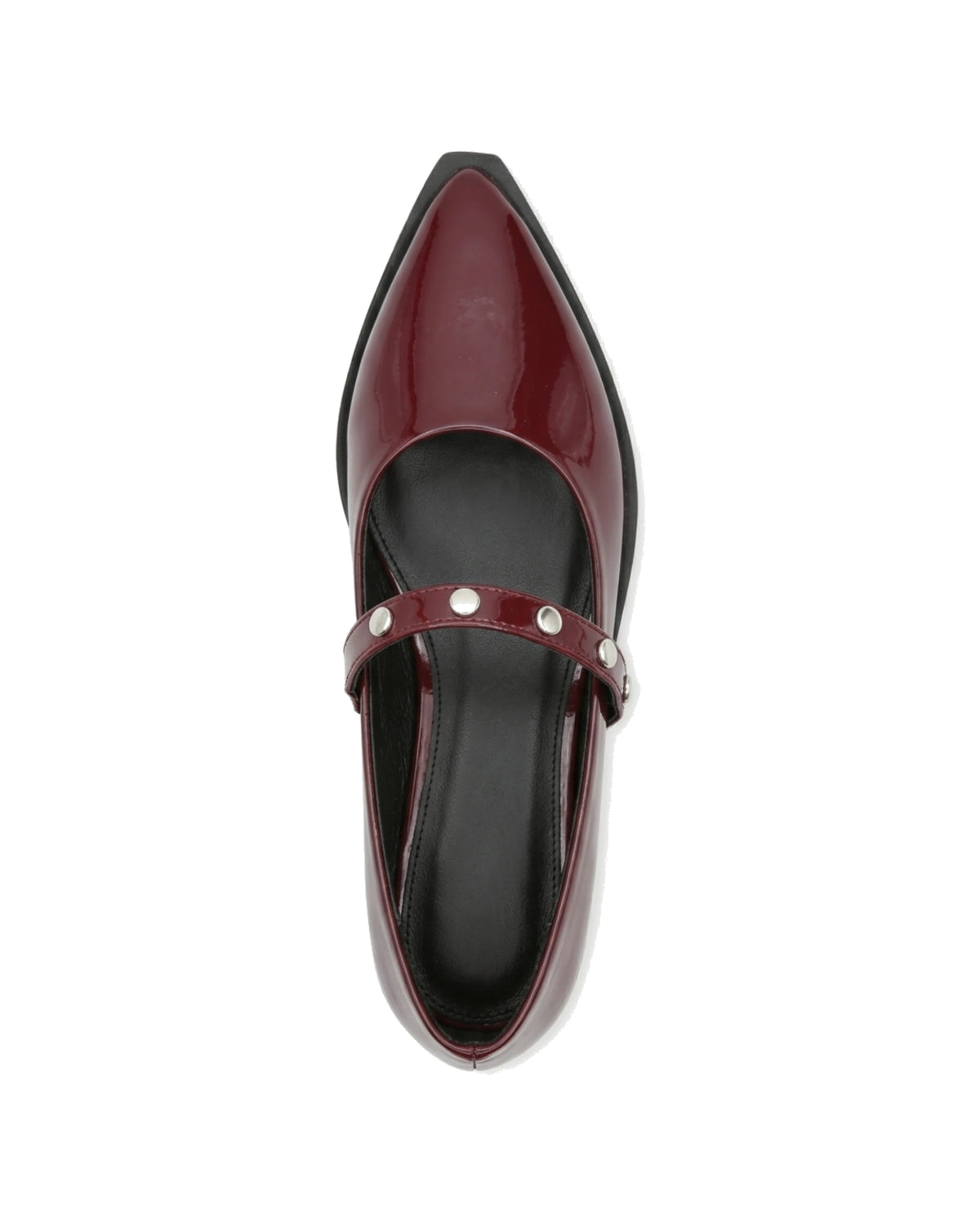 TKN Elara burgundy glossy pointed-toe Mary Jane flat with a silver-tone studded strap — top view.