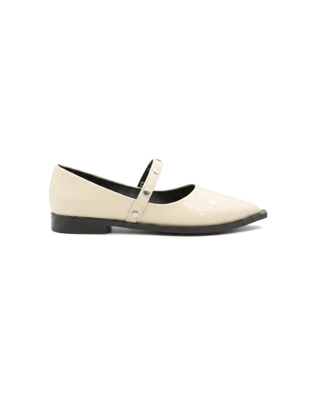 TKN Elara cream glossy pointed-toe Mary Jane flat with a silver-tone studded strap — side view.