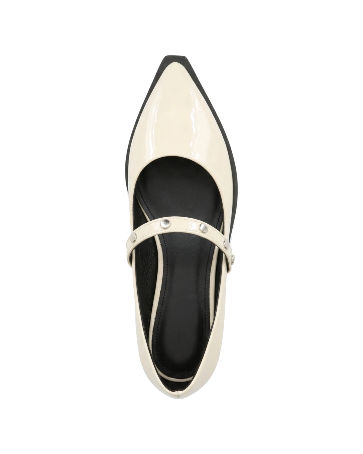TKN Elara cream glossy pointed-toe Mary Jane flat with a silver-tone studded strap — top view.