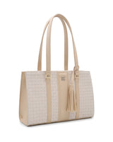 Gabrielle Textured Tassel Tote Bag — Beige — Front three-quarter