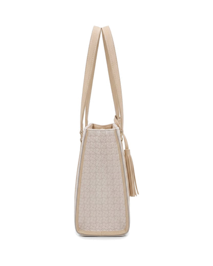 Gabrielle Textured Tassel Tote Bag — Beige — Side profile