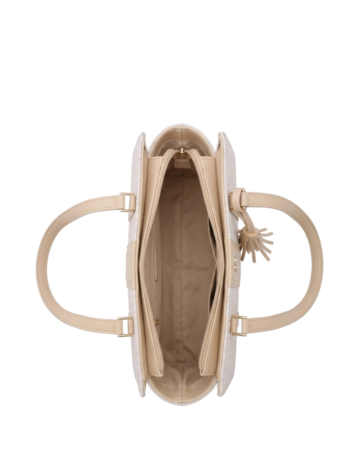 Gabrielle Textured Tassel Tote Bag — Beige — Top view