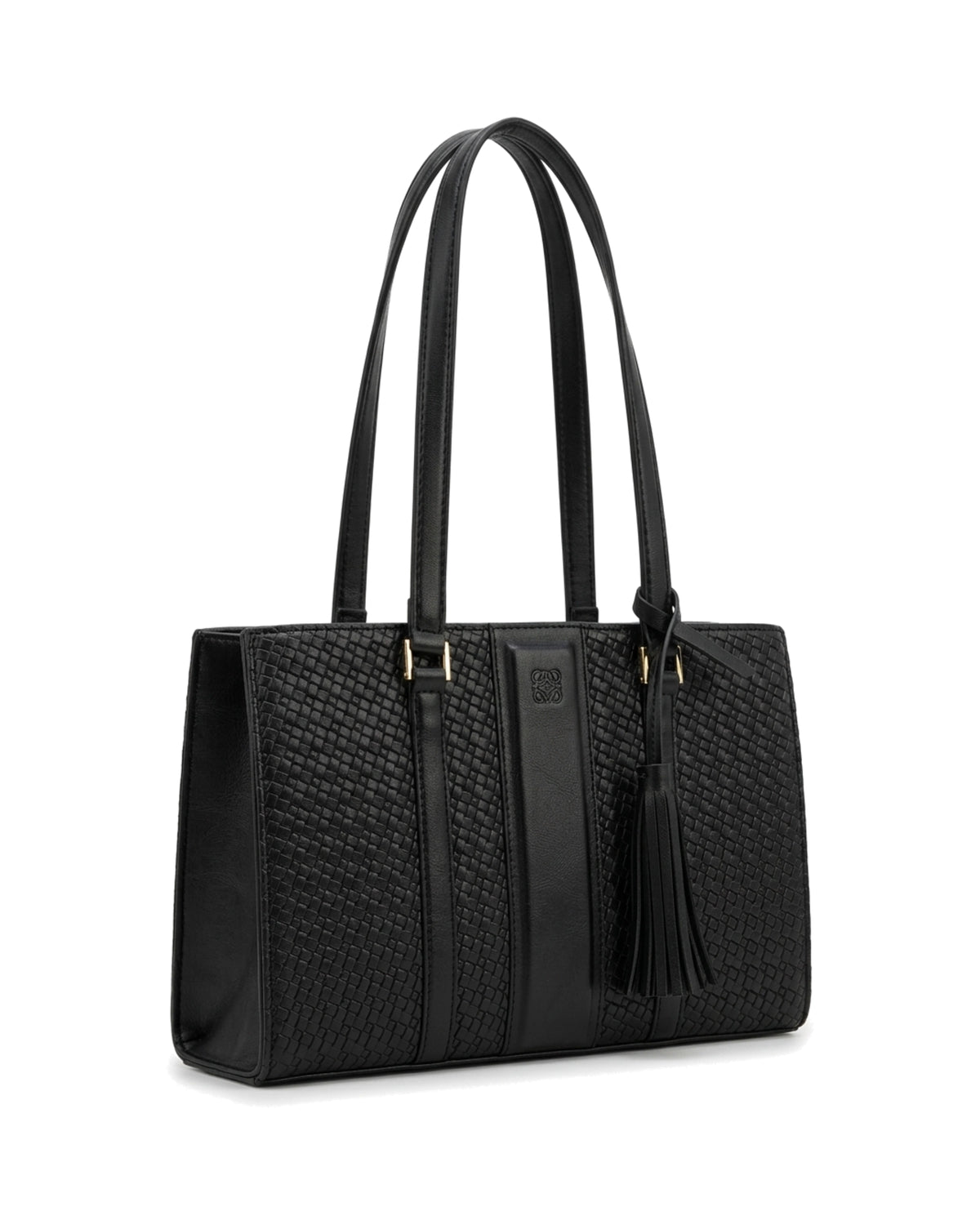 Gabrielle Textured Tassel Tote Bag — Black — Front three-quarter