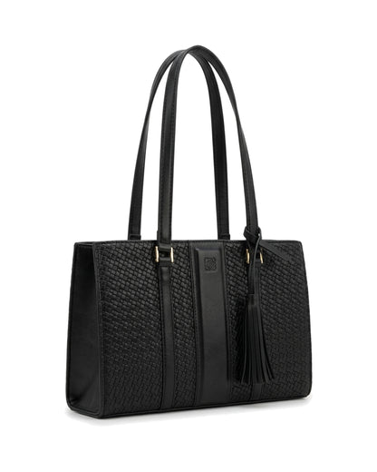 Gabrielle Textured Tassel Tote Bag — Black — Front three-quarter