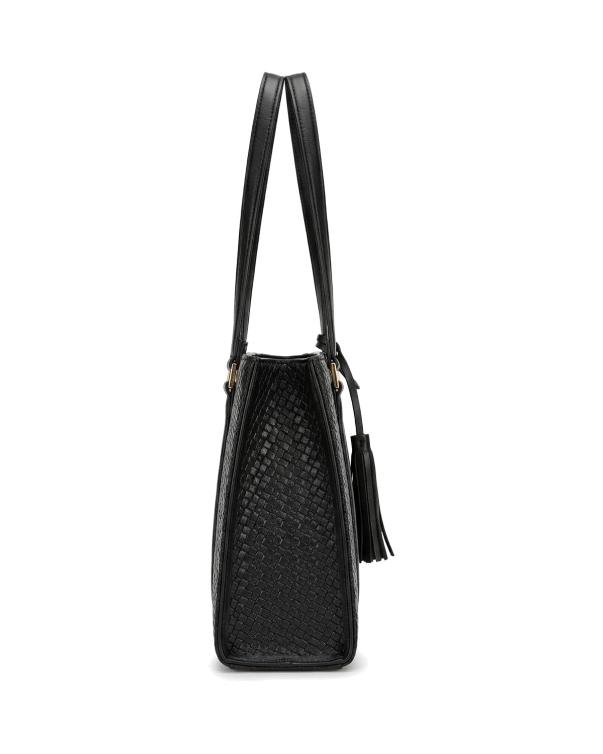 Gabrielle Textured Tassel Tote Bag — Black — Side profile