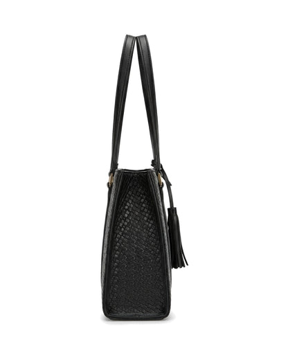 Gabrielle Textured Tassel Tote Bag — Black — Side profile