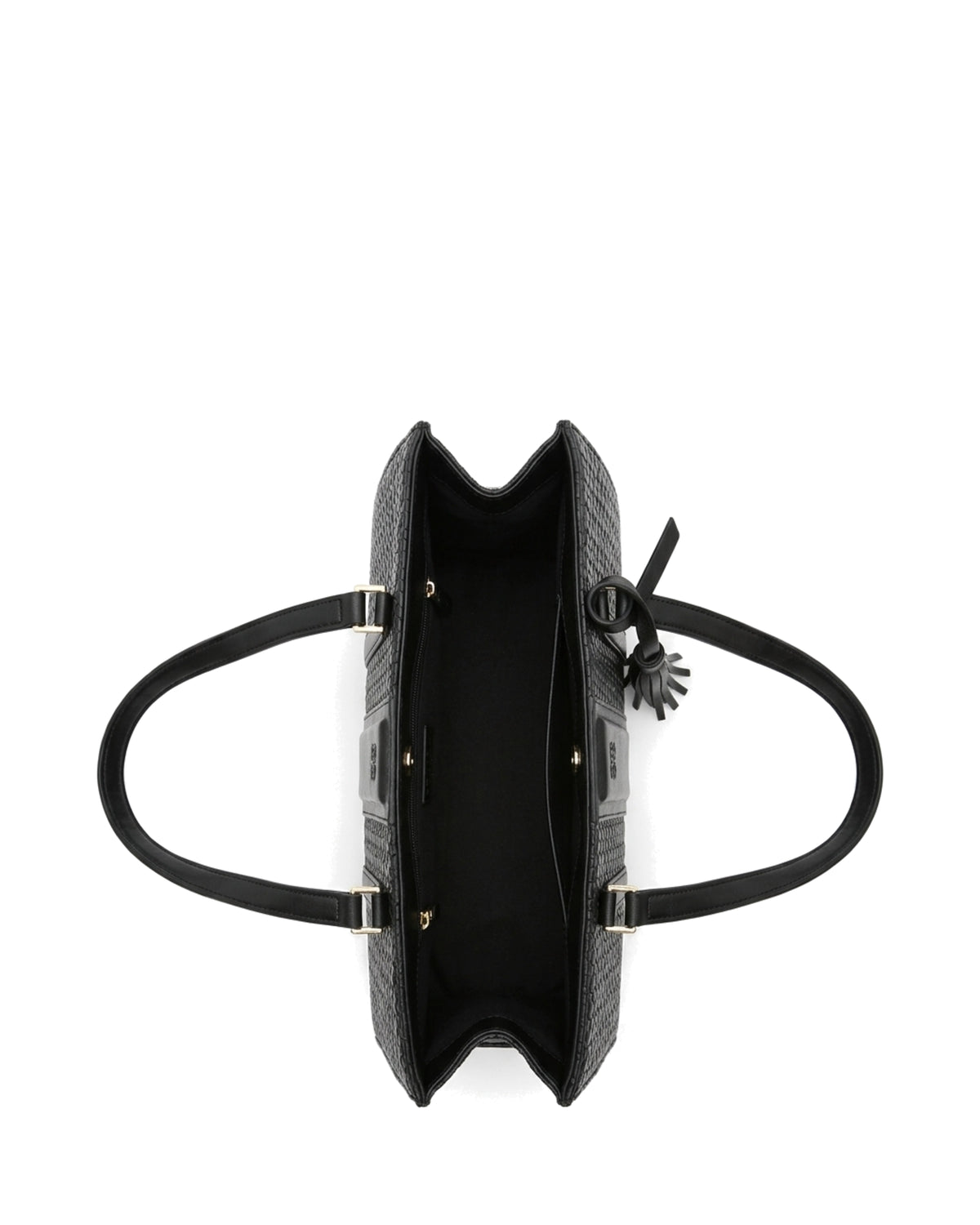 Gabrielle Textured Tassel Tote Bag — Black — Top view