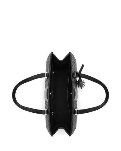 Gabrielle Textured Tassel Tote Bag — Black — Top view