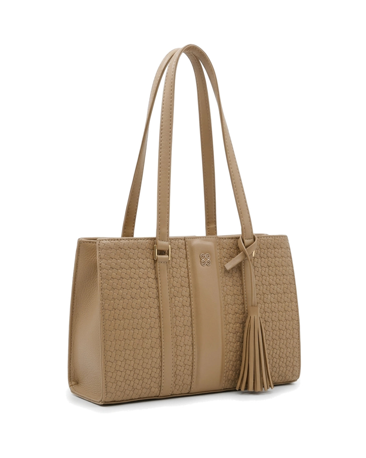 Gabrielle Textured Tassel Tote Bag — Tan — Front three-quarter