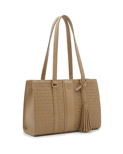Gabrielle Textured Tassel Tote Bag — Tan — Front three-quarter