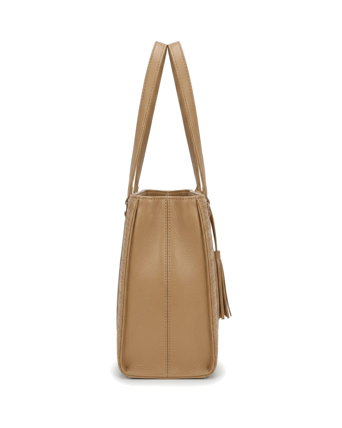 Gabrielle Textured Tassel Tote Bag — Tan — Side profile