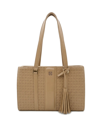 Gabrielle Textured Tassel Tote Bag — Tan — Top view