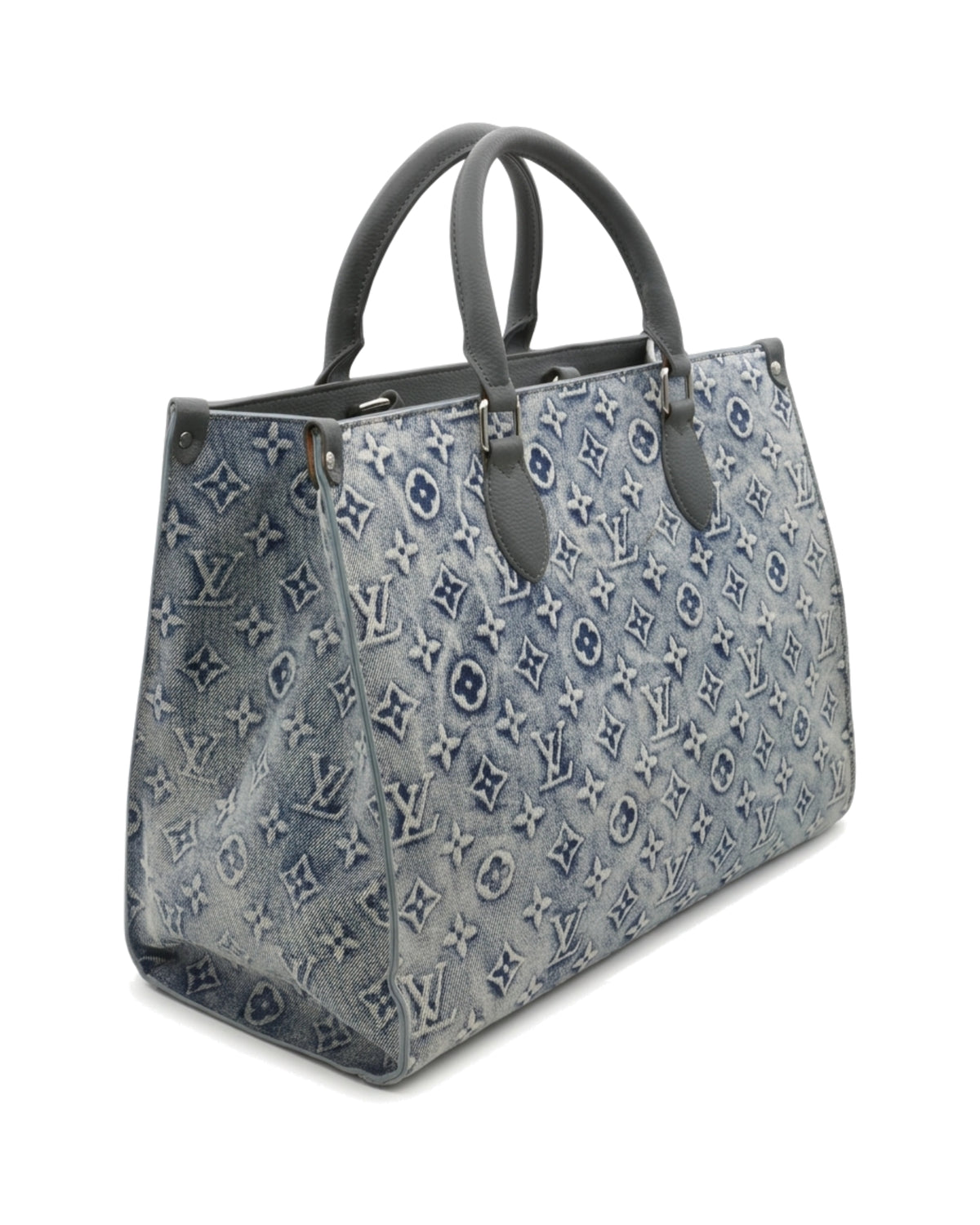 TKN Imprint — Blue Pattern — broad structured-looking tote body — front three-quarter view.