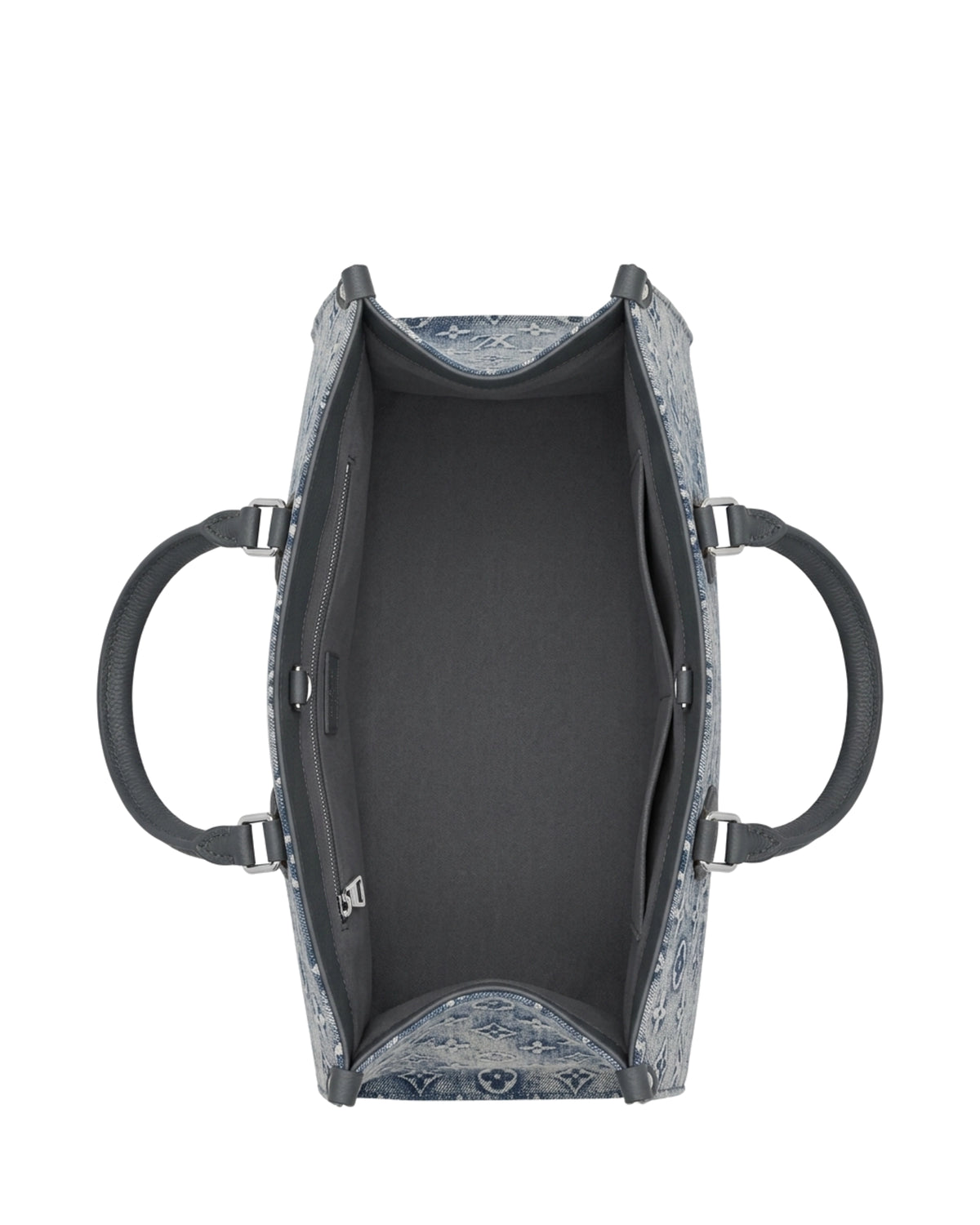 TKN Imprint — Blue Pattern — broad structured-looking tote body — overhead view.