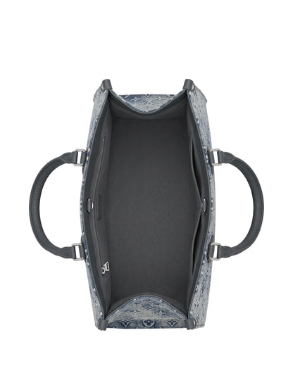 TKN Imprint — Blue Pattern — broad structured-looking tote body — overhead view.
