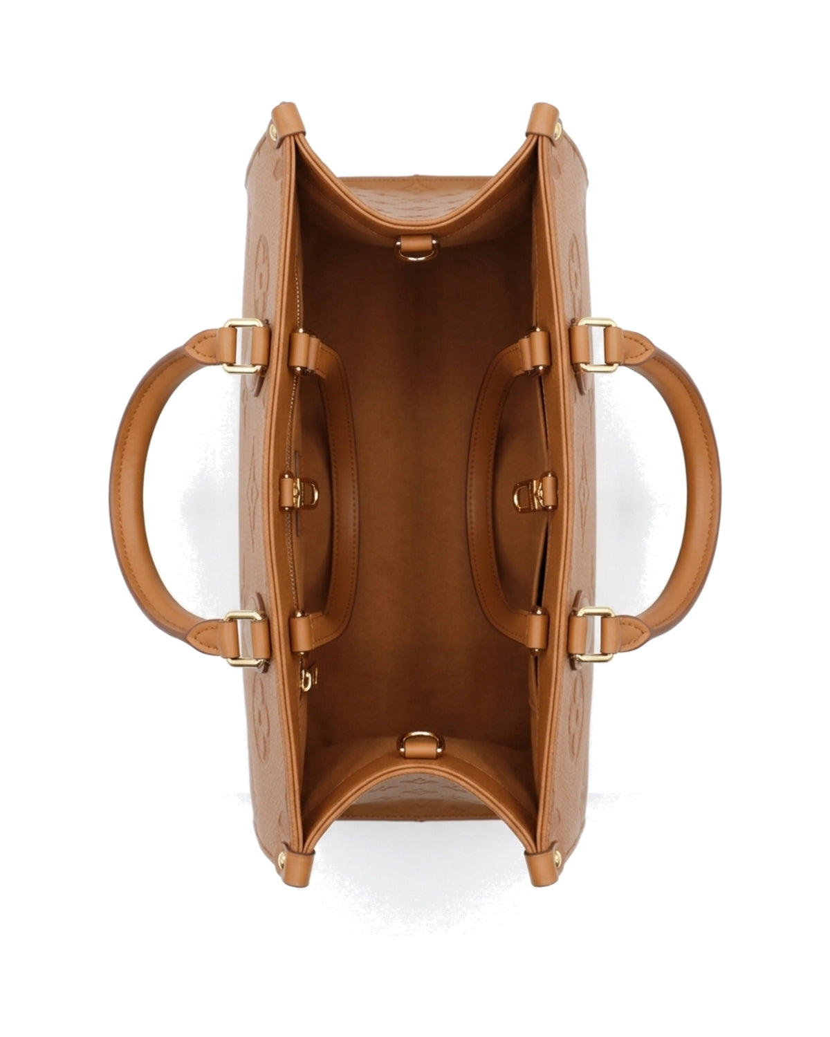 TKN Imprint — Tan — broad structured-looking tote body — overhead view.