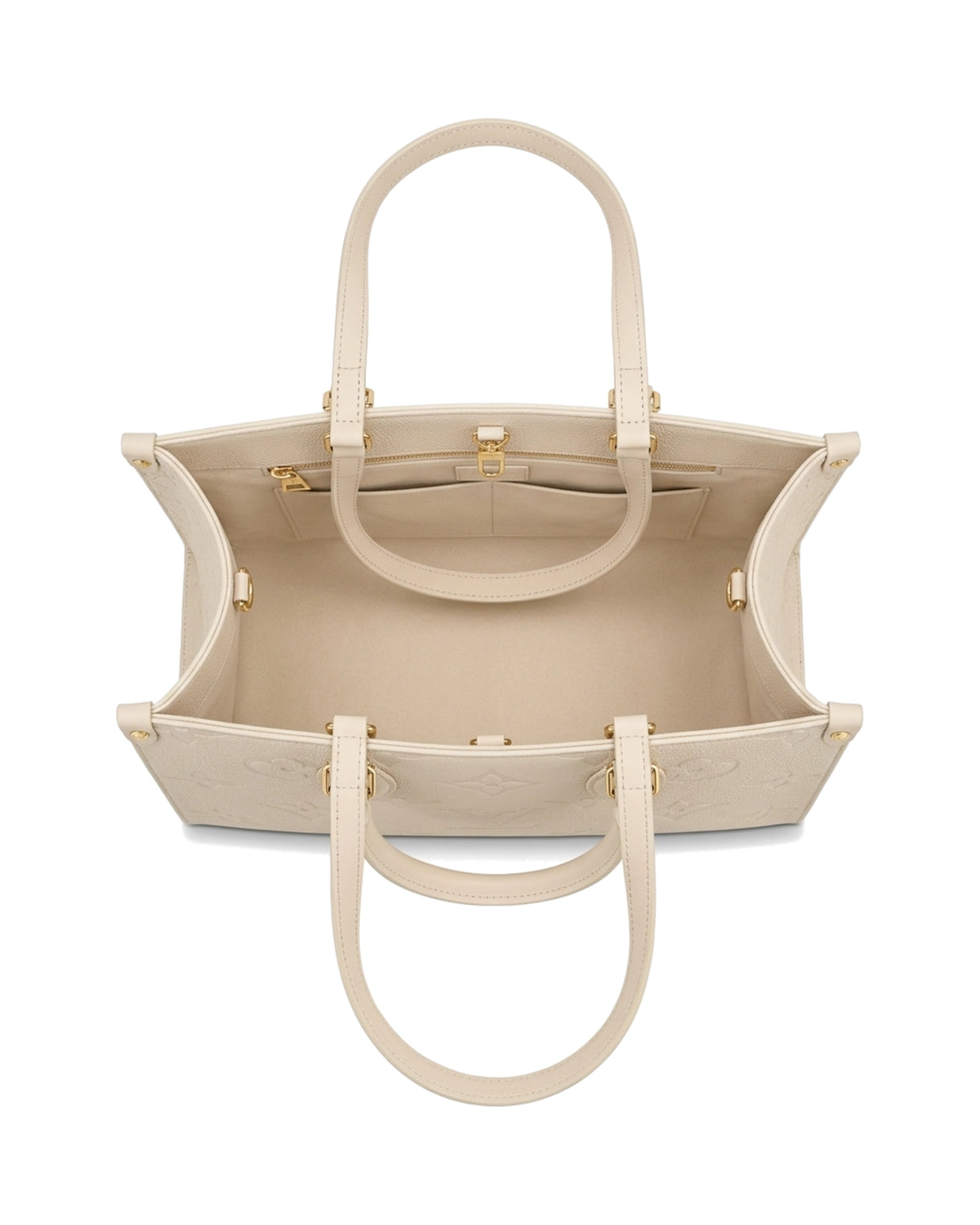 TKN Imprint — Cream — broad structured-looking tote body — overhead view.