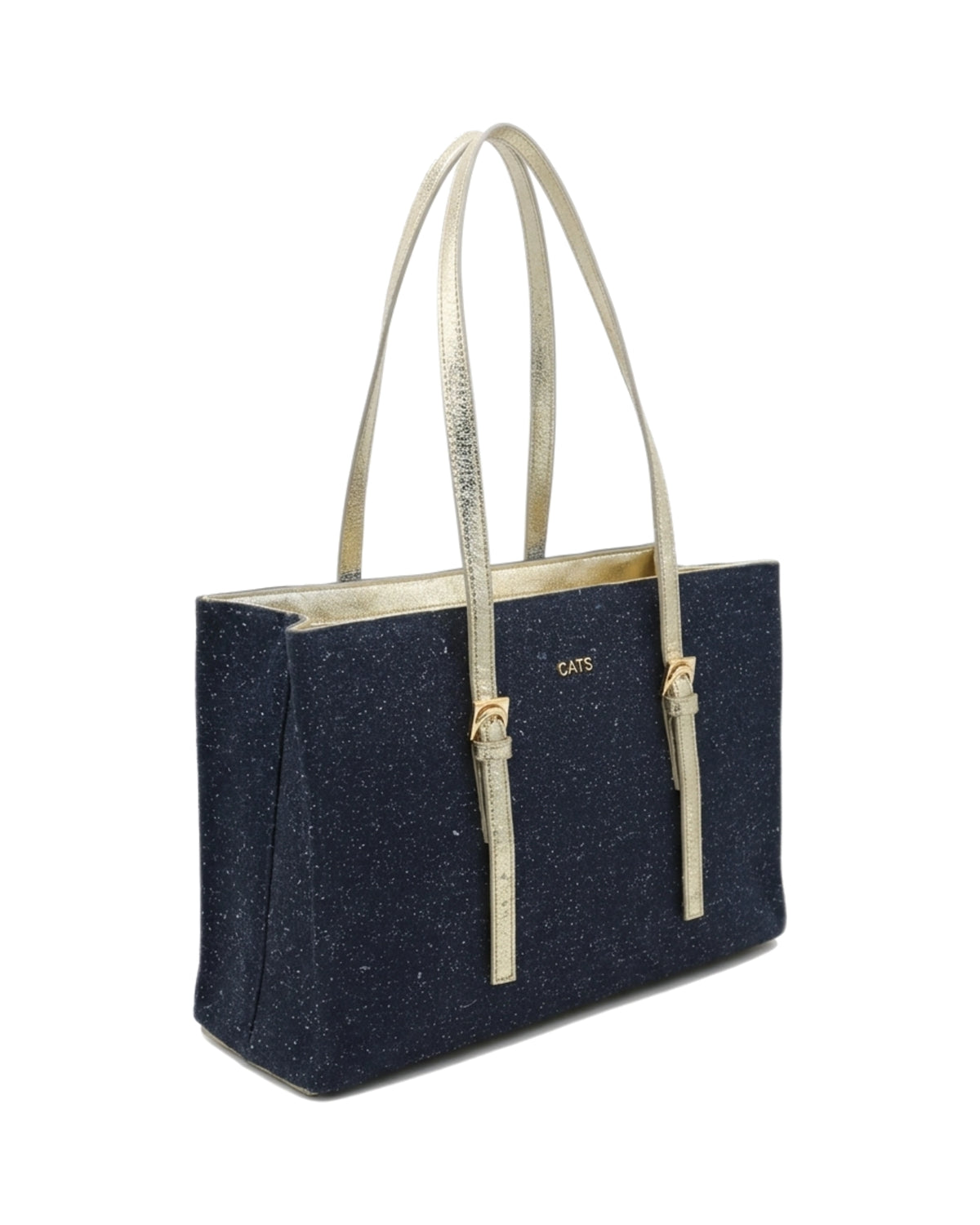 TKN Linear — Navy / Cream — rectangular upright tote — front three-quarter view.