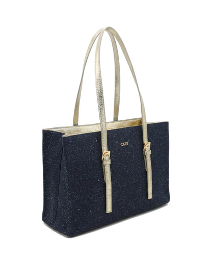 TKN Linear — Navy / Cream — rectangular upright tote — front three-quarter view.