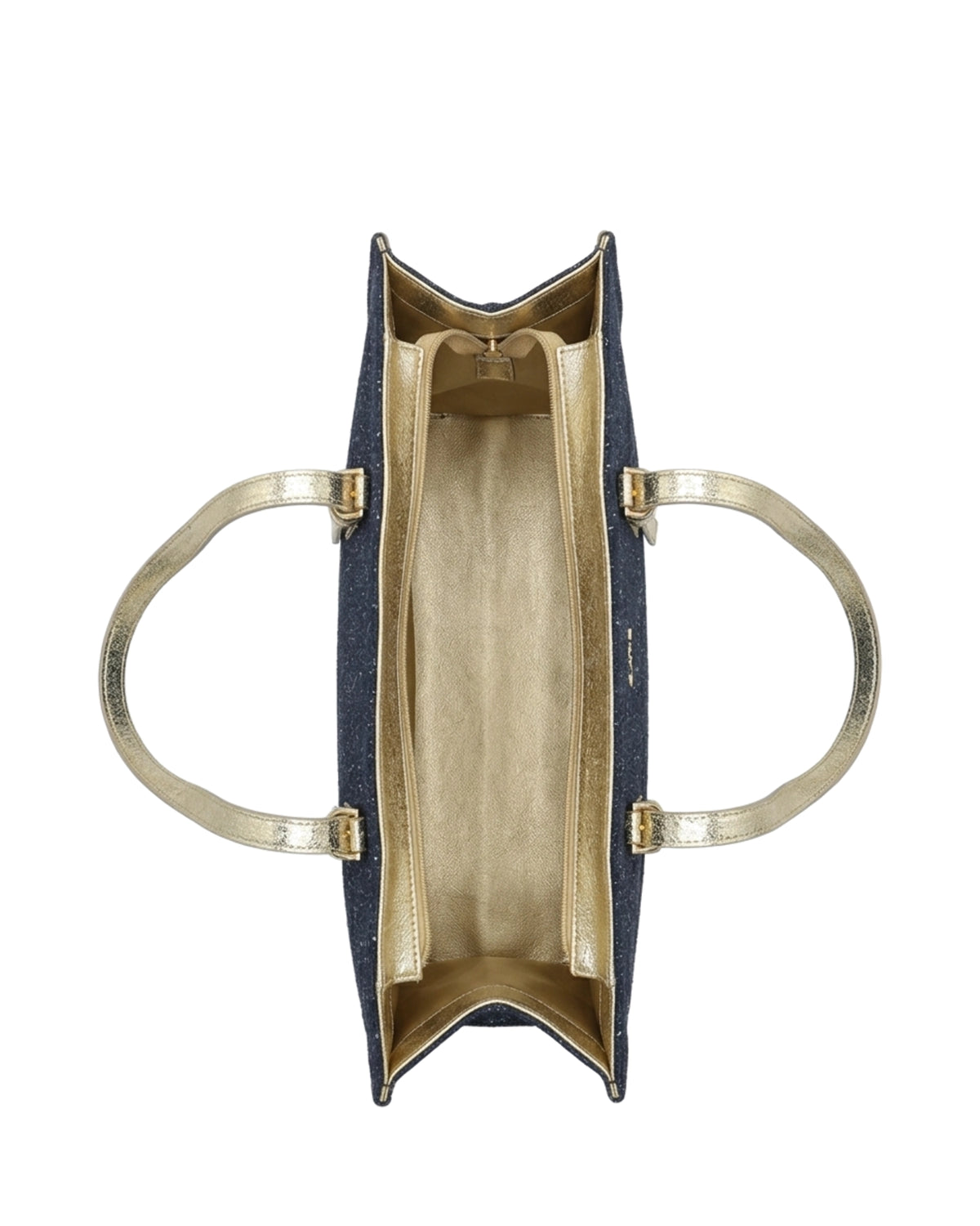 TKN Linear — Navy / Cream — rectangular upright tote — overhead view.