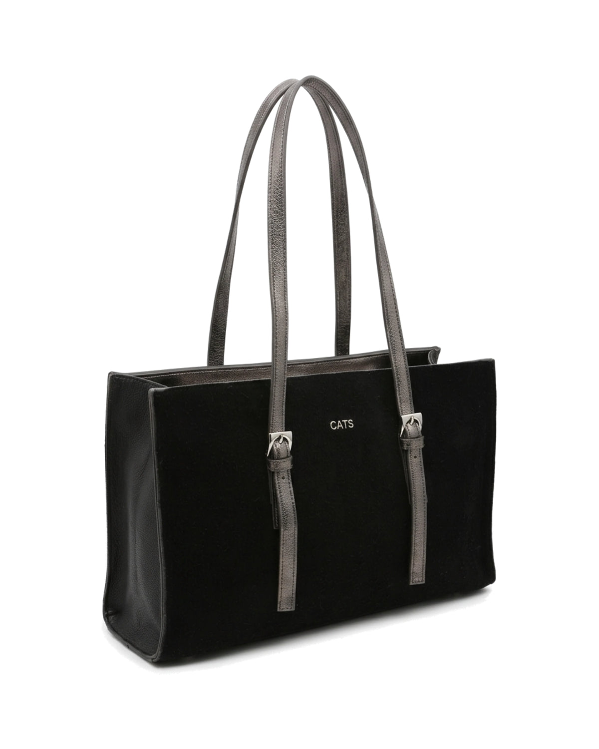 TKN Linear — Black / Taupe — rectangular upright tote — front three-quarter view.