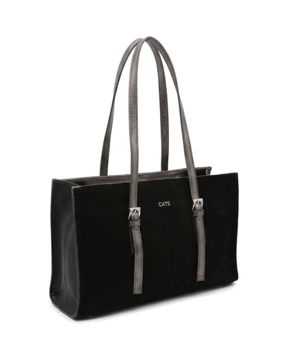 TKN Linear — Black / Taupe — rectangular upright tote — front three-quarter view.