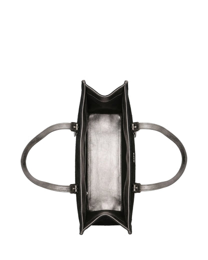 TKN Linear — Black / Taupe — rectangular upright tote — overhead view.