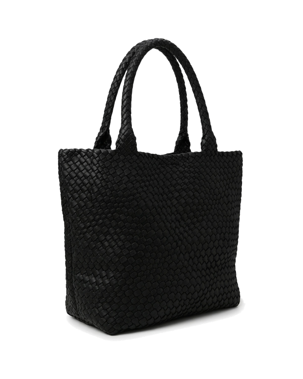 TKN Loom — Black — rectangular tote silhouette — front three-quarter view.