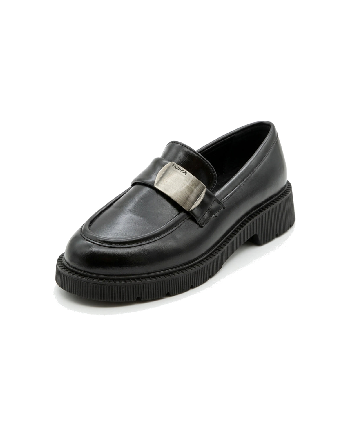 TKN Margot black chunky loafer with a silver-tone metal plaque — front three-quarter view.