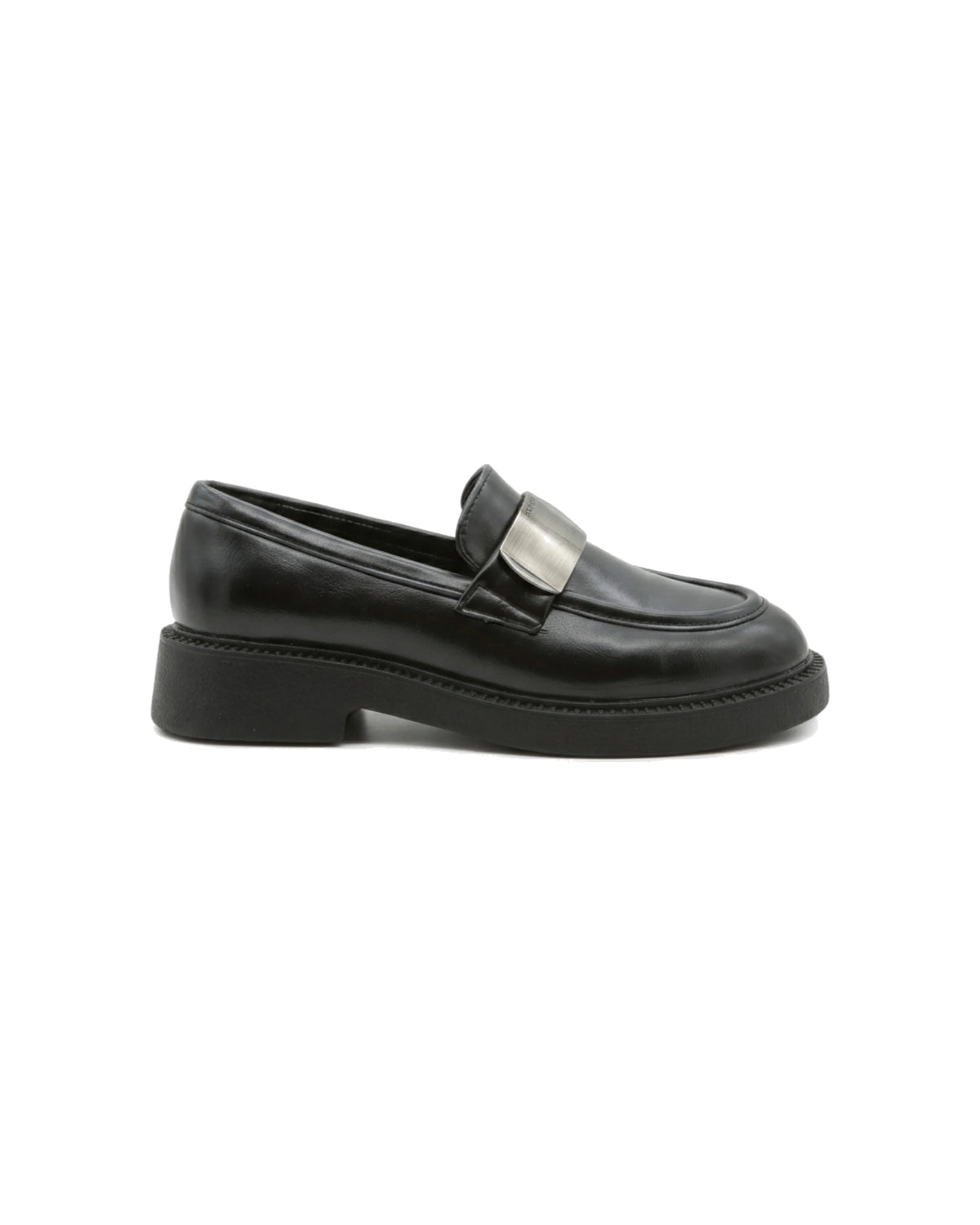 TKN Margot black chunky loafer with a silver-tone metal plaque — side view.