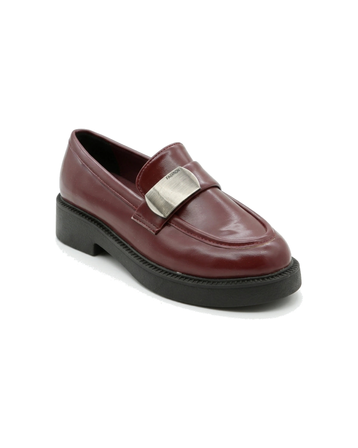 TKN Margot burgundy chunky loafer with a silver-tone metal plaque — front three-quarter view.