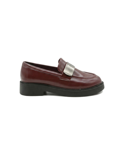 TKN Margot burgundy chunky loafer with a silver-tone metal plaque — side view.