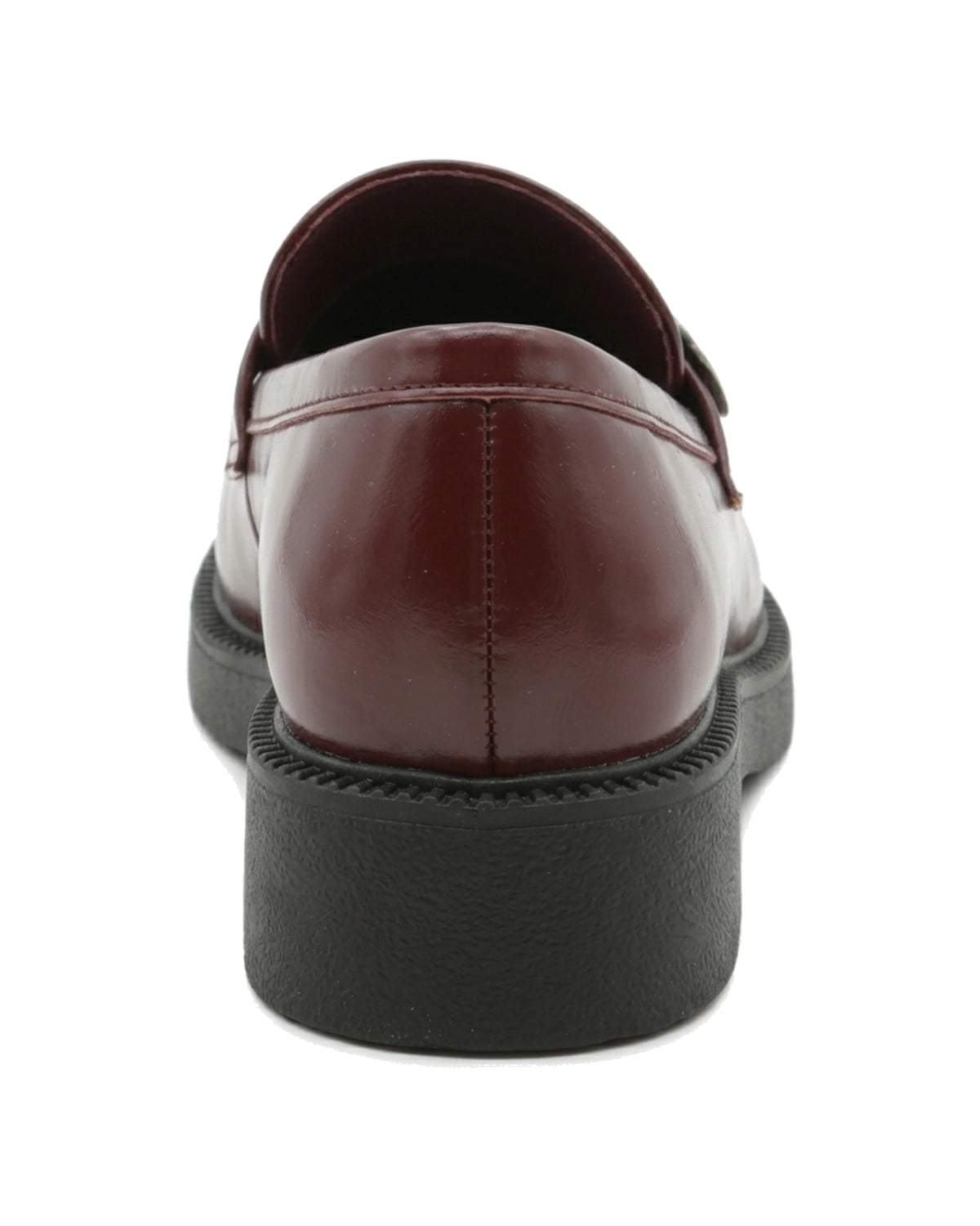 TKN Margot burgundy chunky loafer with a silver-tone metal plaque — back view showing the heel.
