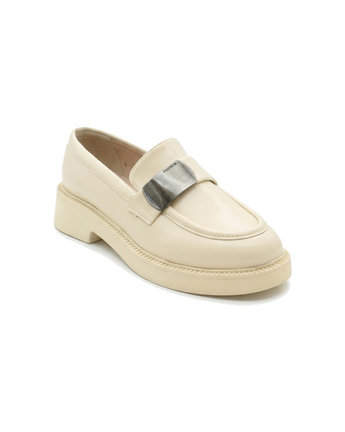 TKN Margot cream chunky loafer with a silver-tone metal plaque — front three-quarter view.